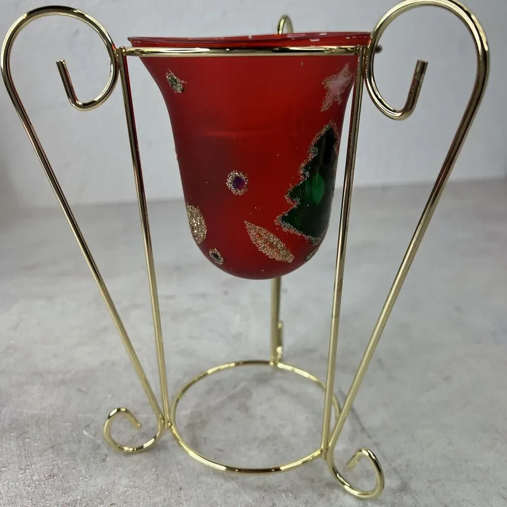 Vintage Hand painted Red Glass Candle Holder With‎ Metal Stand Chipped Paint